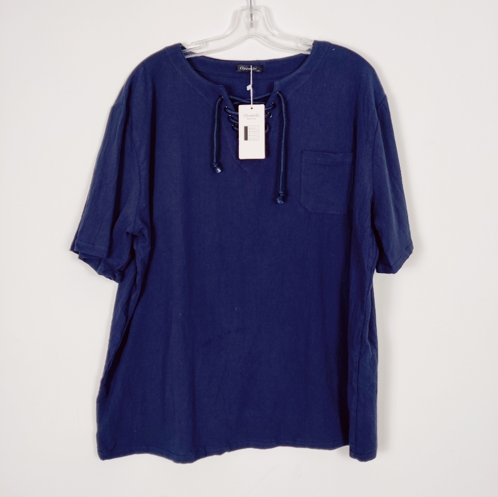 Oyamiki Women's Short Sleeve Blouse in Blue Size XXL 2XL Cotton Blend Summer NEW